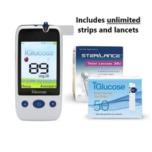 Load image into Gallery viewer, iGlucose Connected Glucose Monitor - Unlimited Test Strips &amp; Lancets - Blood Sugar Testing Kit - Cell Enabled - Immediately Transmits Results &amp; Alerts to SMS, Push &amp; Email to Caregiver or User