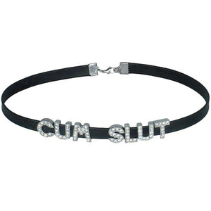 CUM SLUT Rhinestone Choker Necklaces For Wife and Husband,Artifical Crystal Punk PU Leather Collar Chokers For Lover,Gothic Letters Jewelry For Women