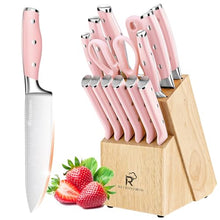 Load image into Gallery viewer, Pink Knife Set,15 Pieces Professional Kitchen Knife Set with Universal Knife Block, Super Sharp Knife Set with Ergonomic Handle Non-stick Stainless Steel Knife Block Set (Pink-15 Pieces)