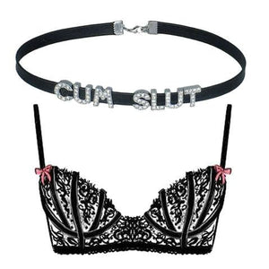CUM SLUT Rhinestone Choker Necklaces For Wife and Husband,Artifical Crystal Punk PU Leather Collar Chokers For Lover,Gothic Letters Jewelry For Women