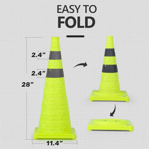 BATTIFE [4 Pack] 28 Inch Collapsible Traffic Cones, Lime Green Safety Cones, Pop-up Cones with Reflective Collar, for Driving Practice,Road Parking (Green)