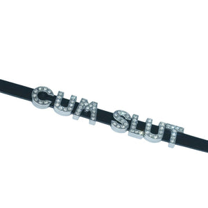 CUM SLUT Rhinestone Choker Necklaces For Wife and Husband,Artifical Crystal Punk PU Leather Collar Chokers For Lover,Gothic Letters Jewelry For Women