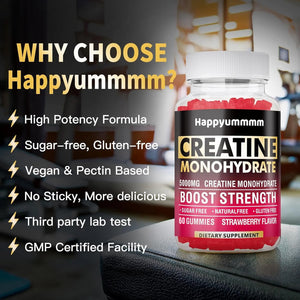 Happyummmm Creatine Monohydrate Gummies for Men & Women-5g of Creatine Monohydrate per Serving - Sugar Free,Vegan, Strawberry Flavor, 180 Count-2pack