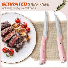 Load image into Gallery viewer, Pink Knife Set,15 Pieces Professional Kitchen Knife Set with Universal Knife Block, Super Sharp Knife Set with Ergonomic Handle Non-stick Stainless Steel Knife Block Set (Pink-15 Pieces)