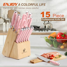 Load image into Gallery viewer, Pink Knife Set,15 Pieces Professional Kitchen Knife Set with Universal Knife Block, Super Sharp Knife Set with Ergonomic Handle Non-stick Stainless Steel Knife Block Set (Pink-15 Pieces)