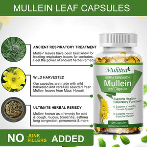 New Mulittea Mullein Leaf Capsules 1000mg Support Lung Cleanse Capsules