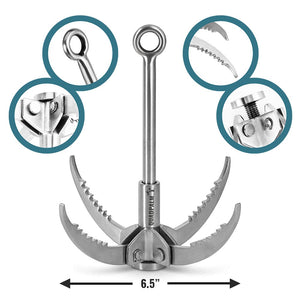 QUADPALM Grappling Hook with 10m Rope – Multifunctional Grapple Hook - 2 Locking carabiners - 4 Stainless Steel Folding Claws - Heavy Duty - Outdoor Camping Hiking Climbing Equipment (Black Rope)