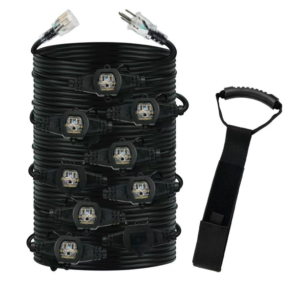 50FT 12 Gauge Multi-Outlet Outdoor Extension Cord, 10 Evenly Spaced Weatherproof Outlets, Great for Stage Backdrops, Landscape Garden Lighting, Christmas Decorations