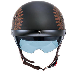 Motorcycle Half Helmet Sun Visor Quick Release Buckle DOT Approved Half Face Helmets for Men Women (F02-Indian, M)