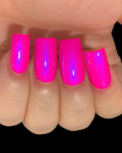 Load image into Gallery viewer, Polish Me Silly Barbee On The Glow - Neon Pink Blue NEON Glow Pop Collection MultiColor Shifting: Mylar Oil Slick Indie Nail Polish