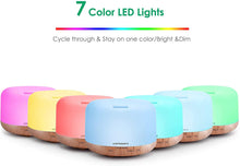 Load image into Gallery viewer, URPOWER 500ml Essential Oil Diffuser with Cool Mist Humidifier Function - 7 Color Changing LED Lights, 4 Timer Modes &amp; Auto Shut-Off Ultrasonic Aromatherapy Scent Diffuser for Home, Office