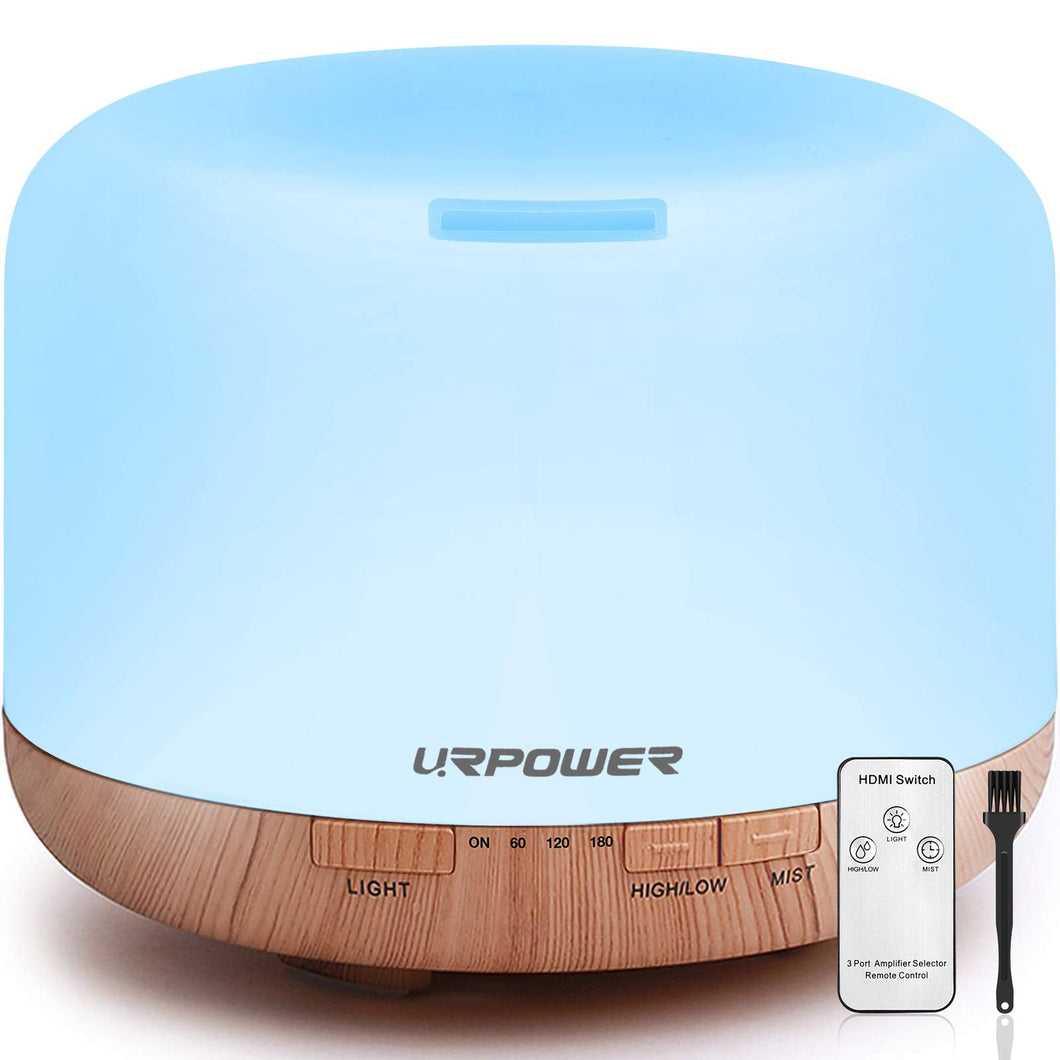 URPOWER 500ml Essential Oil Diffuser with Cool Mist Humidifier Function - 7 Color Changing LED Lights, 4 Timer Modes & Auto Shut-Off Ultrasonic Aromatherapy Scent Diffuser for Home, Office