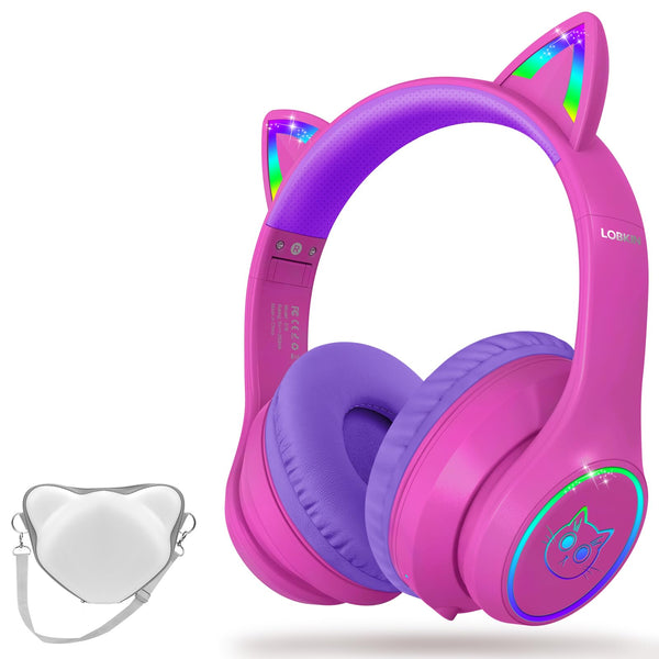 LOBKIN Bluetooth 5.4 Kids Headphones with Case - RGB LED Light Up Cat Ears Foldable Adjustable Over Ear Headphone Support Wireless or 3.5mm Wired Mode for Toddler & Girls & Boys Teens