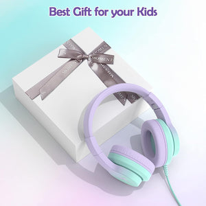 Candy Bila Kids Headphones, Wired Headphones for Kids Over Ear with Microphone, 85/94dB Volume Limiter Headphone for Girls Boys, Foldable Headphone for Learning & Entertainment,Gradient Purple