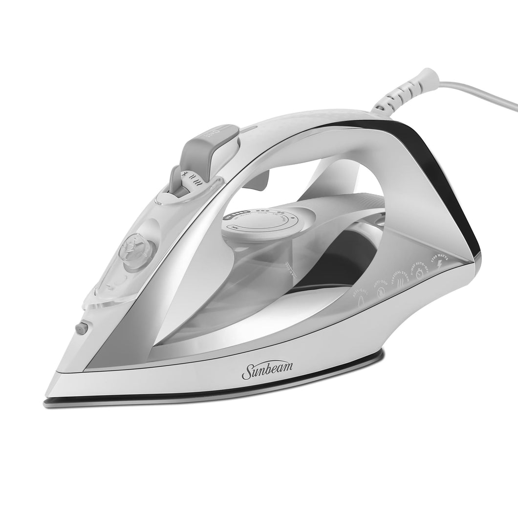 Sunbeam Turbo Steam Iron, 1700 Watt, Nonstick Ceramic Soleplate, Horizontal or Vertical Shot of Steam, Quick Heating, 3-Way Auto-Off, White and Chrome,9.3