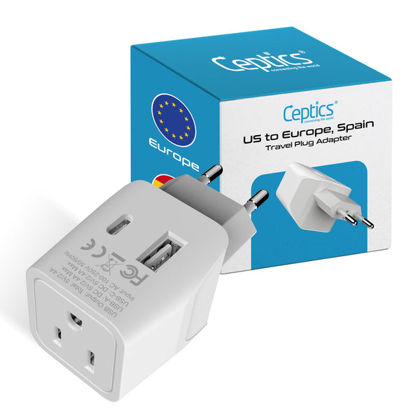 Ceptics Turkey, Egypt, Iceland Travel Adapter Plug with Dual USB - Type C - Europe - Usa Input - Light Weight - Perfect for Cell Phones, Chargers, Cameras and More