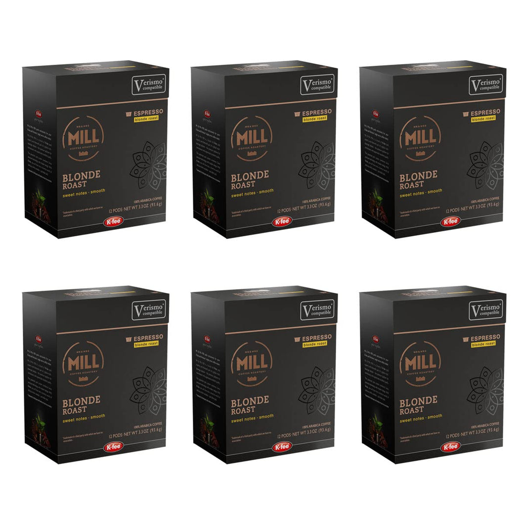 Mill Coffee Blonde Espresso Pods K-fee® & Verismo* Compatible | 72 Count (6 boxes X 12 Pods) |