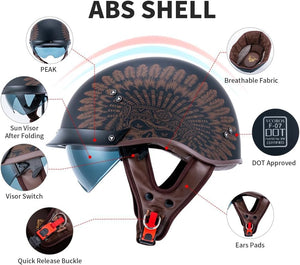 Motorcycle Half Helmet Sun Visor Quick Release Buckle DOT Approved Half Face Helmets for Men Women (F02-Indian, M)
