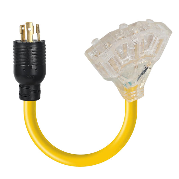 NEMA L6-30P Male to 3X5-20R(5-15R) Female with Lighted End Generator Power Locking Cord 30 Amp to 15 Amp/20 Amp Household Adapter Cord 3 Prong NEMA L6-30P to 3X 5-20R/5-15R Distribution Adapter