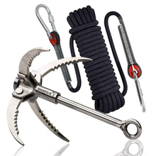 Load image into Gallery viewer, QUADPALM Grappling Hook with 10m Rope – Multifunctional Grapple Hook - 2 Locking carabiners - 4 Stainless Steel Folding Claws - Heavy Duty - Outdoor Camping Hiking Climbing Equipment (Black Rope)