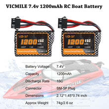 Load image into Gallery viewer, VICMILE 7.4V 1200mah Li-ion Battery 2S 15C RC Boat Batteries R208 R308 Battery Fit for High Speed Remote Control Boats 2Pack with USB Chargers
