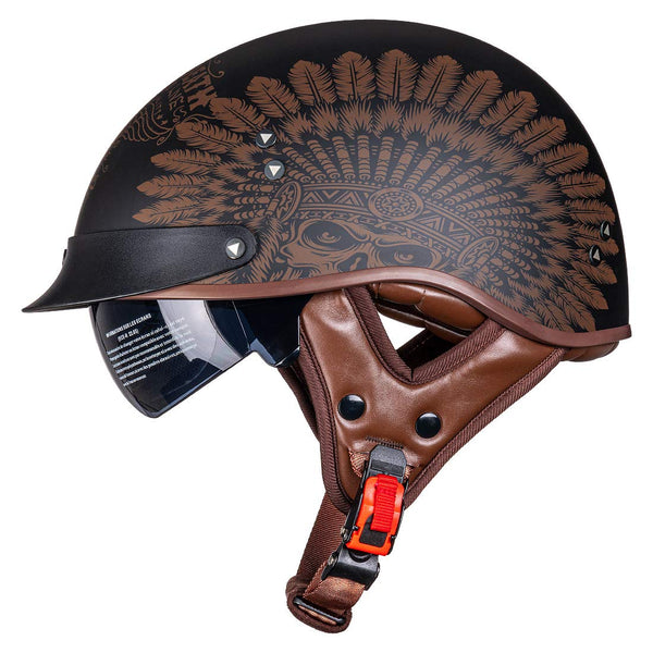 Motorcycle Half Helmet Sun Visor Quick Release Buckle DOT Approved Half Face Helmets for Men Women (F02-Indian, M)
