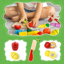 Load image into Gallery viewer, MerryPony 30 Pcs Wooden Play Food Sets for Kids Kitchen Accessories, Velcro Fruit and Veggies for Toddlers, Velcro Fruit Cutting Toys for Kids, Color Sorting Play Food Set, Play Food for Toddlers 1-3