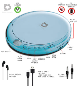 Deluxe Products CD Player Portable with 60 Second Anti Skip, Stereo Earbuds, Includes Aux in Cable and AC USB Power Cable for use at Home or in Car. Blue