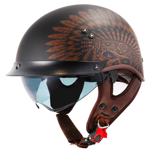 Motorcycle Half Helmet Sun Visor Quick Release Buckle DOT Approved Half Face Helmets for Men Women (F02-Indian, M)