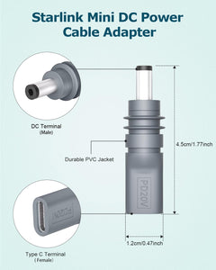Gunovy 2PCS Starlink Mini USB C to DC Power Cable Adapter, 20V Type C Male to DC 5.5 x 2.1mm Female, for Starlink Mini Accessories, Gray