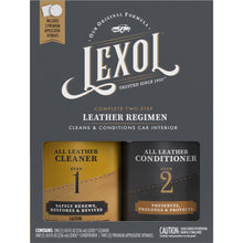 Load image into Gallery viewer, Lexol All Leather Cleaner and Conditioner Kit for Car Seats and Interiors, Couches and Furniture, Shoes and Boots, Baseball Gloves and Horse Saddles, Two 8 oz Bottles and Two Sponges