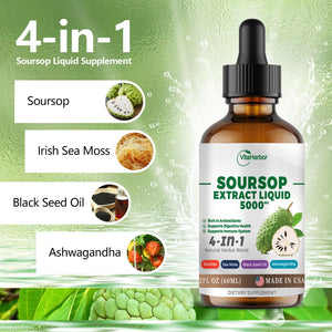 4-in-1 Soursop Bitters Liquid, Soursop Oil with Sea Moss & Black Seed Oil & Ashwagandha, for Immune & Digestive & Cell Support, Sugar-Free | Non-GMO | Vegan (2 Fl oz) Slightly Sweet Flavor
