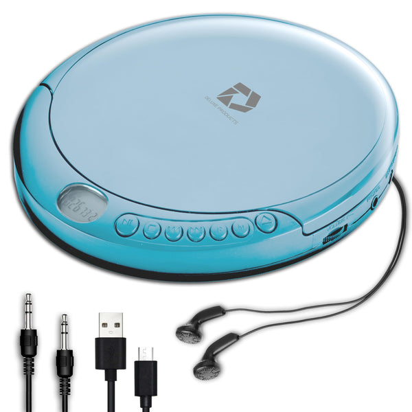 Deluxe Products CD Player Portable with 60 Second Anti Skip, Stereo Earbuds, Includes Aux in Cable and AC USB Power Cable for use at Home or in Car. Blue