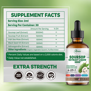 4-in-1 Soursop Bitters Liquid, Soursop Oil with Sea Moss & Black Seed Oil & Ashwagandha, for Immune & Digestive & Cell Support, Sugar-Free | Non-GMO | Vegan (2 Fl oz) Slightly Sweet Flavor