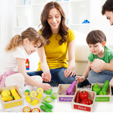 Load image into Gallery viewer, MerryPony 30 Pcs Wooden Play Food Sets for Kids Kitchen Accessories, Velcro Fruit and Veggies for Toddlers, Velcro Fruit Cutting Toys for Kids, Color Sorting Play Food Set, Play Food for Toddlers 1-3