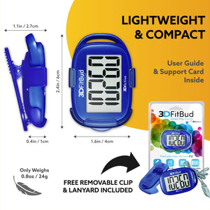 3DFitBud Simple Step Counter Walking 3D Pedometer from 3DActive with Clip & Lanyard - A420S - Royal Blue