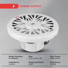 Load image into Gallery viewer, Pyle 10-Inch Outdoor Marine Audio Subwoofer - 500 Watt Single White Waterproof Bass Loud Speaker For Marine Stereo Sound System, Under Helm or Box Case Mount in Small Boat, Water Vehicle - PLMRW10