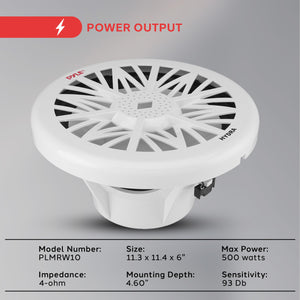Pyle 10-Inch Outdoor Marine Audio Subwoofer - 500 Watt Single White Waterproof Bass Loud Speaker For Marine Stereo Sound System, Under Helm or Box Case Mount in Small Boat, Water Vehicle - PLMRW10