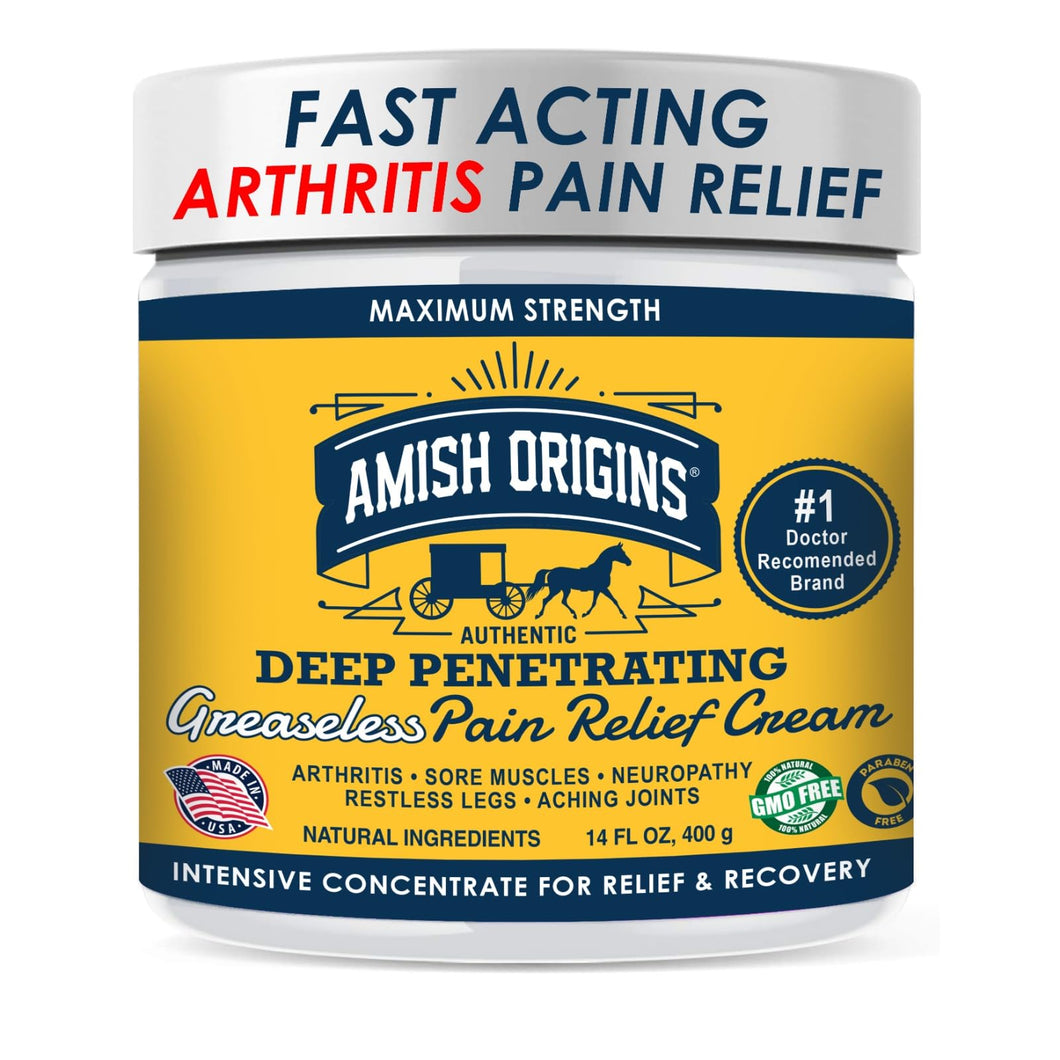 Amish Origins Arthritis Pain Relief Cream - 14 oz - Maximum Strength Deep Penetrating for Joint, Muscle, Knee, Back, Feet, Hand, Ankle, Aches (14 Fl Oz (Pack of 1))