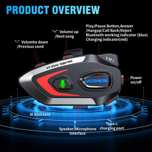 VCOROS Motorcycle Helmet Headset, VR1 Motorcycle Helmet Speakers with Automatic Answer/IPX6 Waterproof/AI Voice/CVC and DSP Dual Noise System (Hard Microphone)