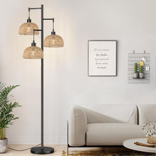 Load image into Gallery viewer, QIYIZM Floor Lamp for Living Room,Bedroom,3-Lights Boho Rattan Floor Lamps,Tree Farmhouse Industrial Black Standing Lamp Wicker Rustic Tall Lamp,Woven Bamboo LampShade Floor Light Bohemian