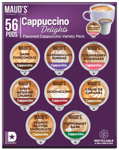 Maud's Cappuccino Coffee Pods Variety Pack, 56 ct, 8 Assorted Flavors, Recyclable Single Serve Pods – Compatible with Keurig K Cups Maker
