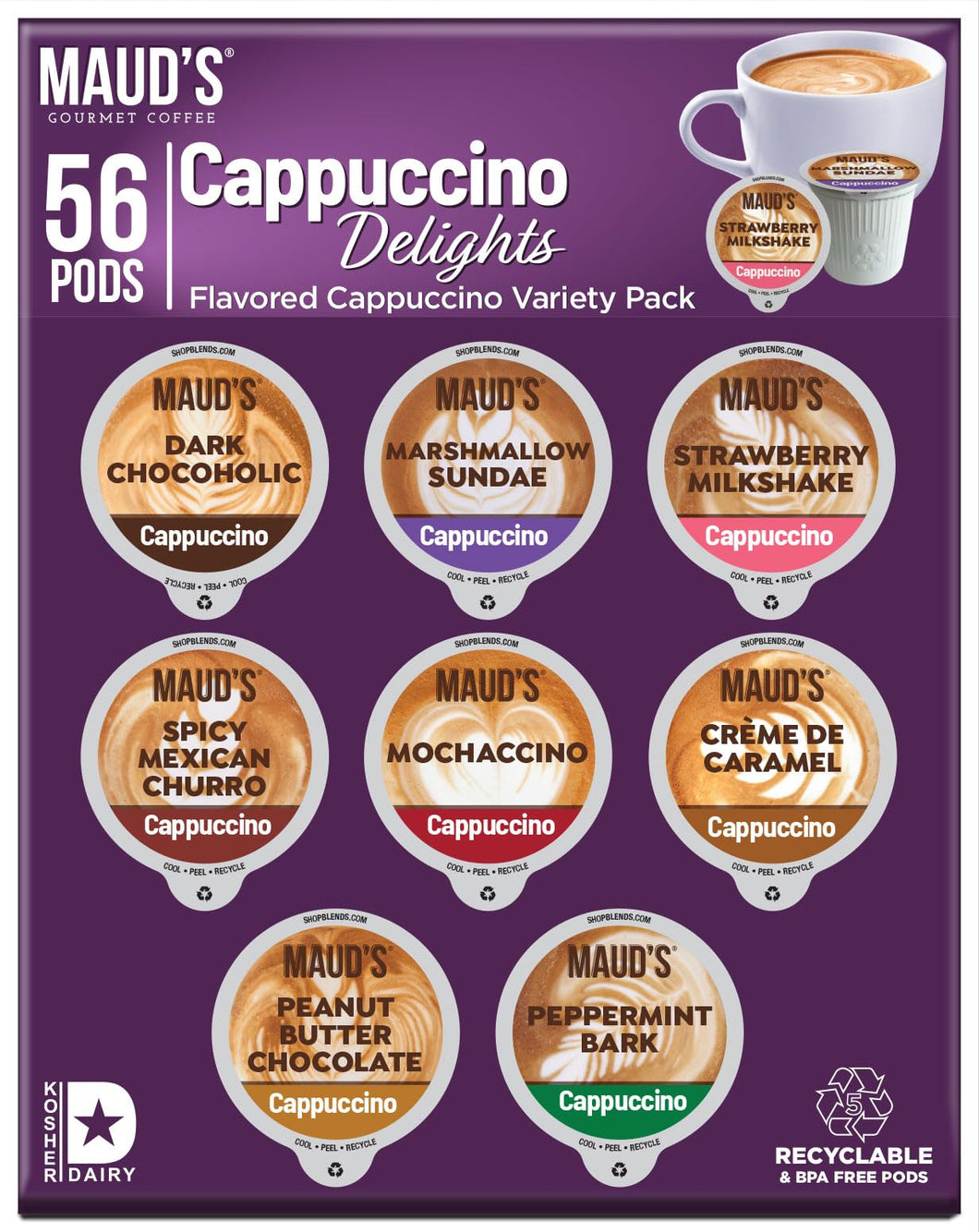Maud's Cappuccino Coffee Pods Variety Pack, 56 ct, 8 Assorted Flavors, Recyclable Single Serve Pods – Compatible with Keurig K Cups Maker