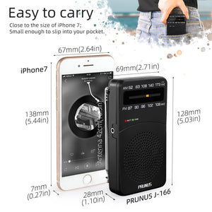 PRUNUS J-166 Portable Radio AM FM, Battery Operated Radio with Tuning Light, Back Clip, Excellent Reception, AM FM Radios Portable, Transistor Radios