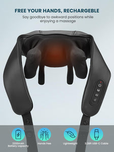 Cordless Shiatsu Neck Back Massager with Soothing Heat, USB C Rechargeable Deep Tissue 6D Kneading Electric Massage for Muscle Pain Relief, Lightweight and Hand-Free for Home, Office, and Car Use