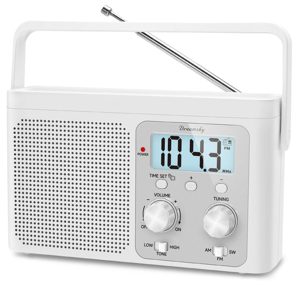 DreamSky AM FM Radio Portable - Shortwave Radio Battery Powered or Plug in Wall for Home Outdoor, Strong Reception, Large Dial Easy to Use, Digital Time Display, Transistor Antenna, Seniors Small Gfit
