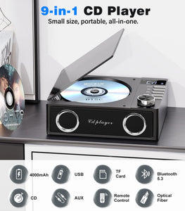 Portable CD Player with Bluetooth 5.3, Greadio CD Player with Speakers for Home, 4000mAh Rechargeable Retro CD Music Player with Remote Control, LED Display, Supports USB/TF/AUX, Optical Input