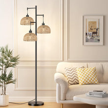 Load image into Gallery viewer, QIYIZM Floor Lamp for Living Room,Bedroom,3-Lights Boho Rattan Floor Lamps,Tree Farmhouse Industrial Black Standing Lamp Wicker Rustic Tall Lamp,Woven Bamboo LampShade Floor Light Bohemian