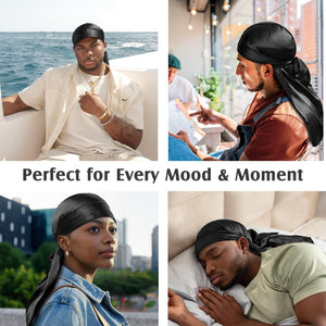 YFONG 100% 22 Momme Mulberry Silk Durags for Men Women, Extra Long Strap Silky Durag, Breathable and Soft Do Rag for 360 Waves, Perfect for Nourishing Your Hair and Fashionable Outfits, 1Pc, Black