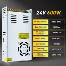 Load image into Gallery viewer, AC to DC Converter 110V to 24V 25A 600W Power Converter, AC 110V 220V to DC 24V Universal Switching Regulated Power Supply SMPS Transformer AC to DC Adapter for LED,CCTV,RV (DC24V-25A-600W)
